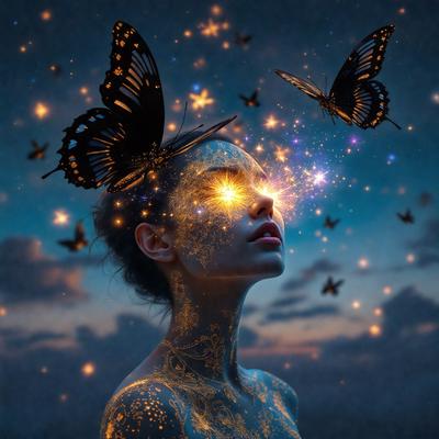 The primary subject of the image is a woman with butterfly wings on her head. She is surrounded by a beautiful and colorful environment, with a blue sky and a multitude of butterflies flying around her. The visual style of the image is a combination of photo and digital art, creating a surreal and dreamy atmosphere. The colors and mood of the image are vibrant and uplifting, with the woman's wings and the butterflies adding a sense of freedom and joy to the scene.